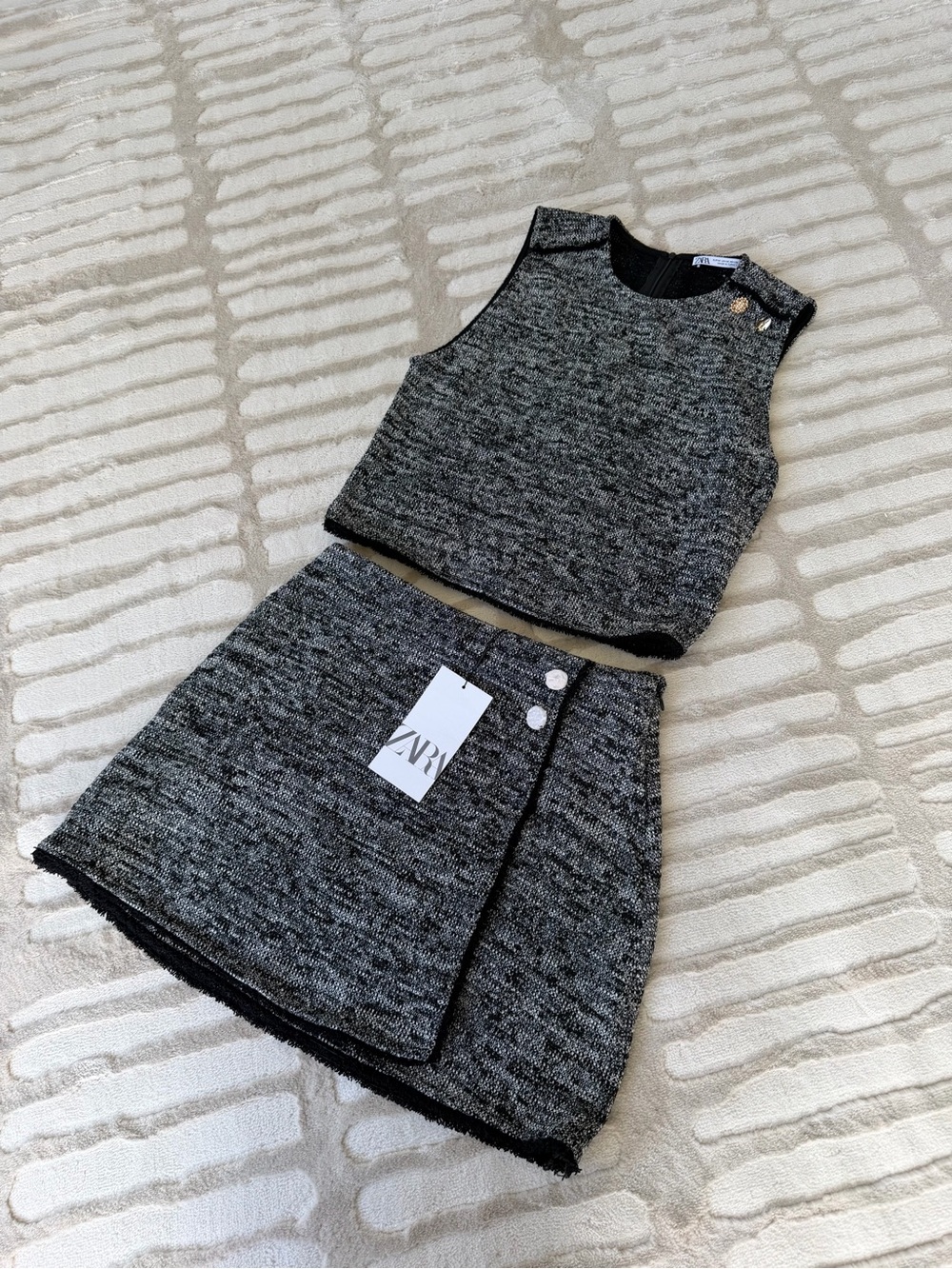 Zara Gray Tweed Crop Top & Skirt Set with Button Detail